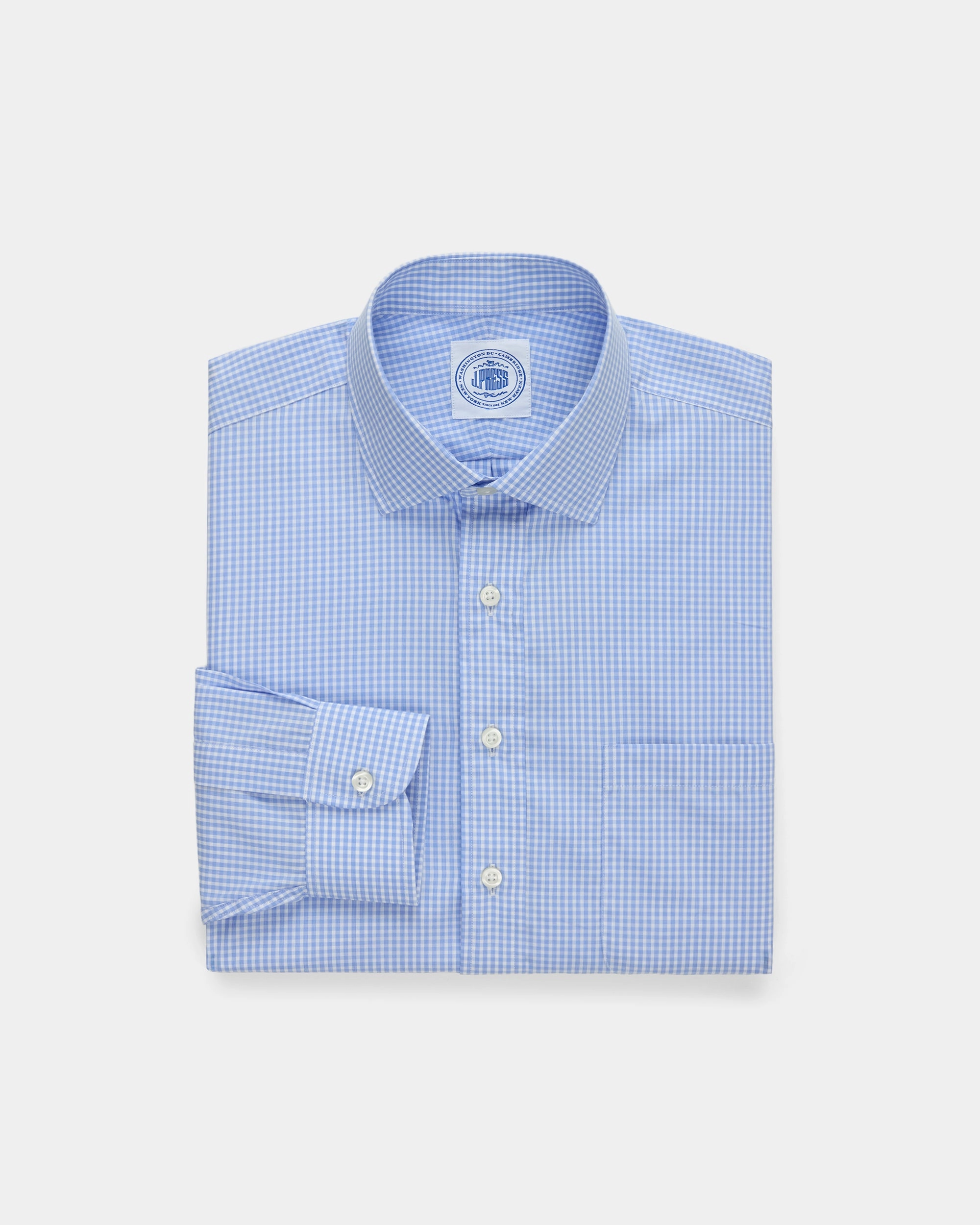 BLUE GINHGAM SPREAD COLLAR DRESS SHIRT