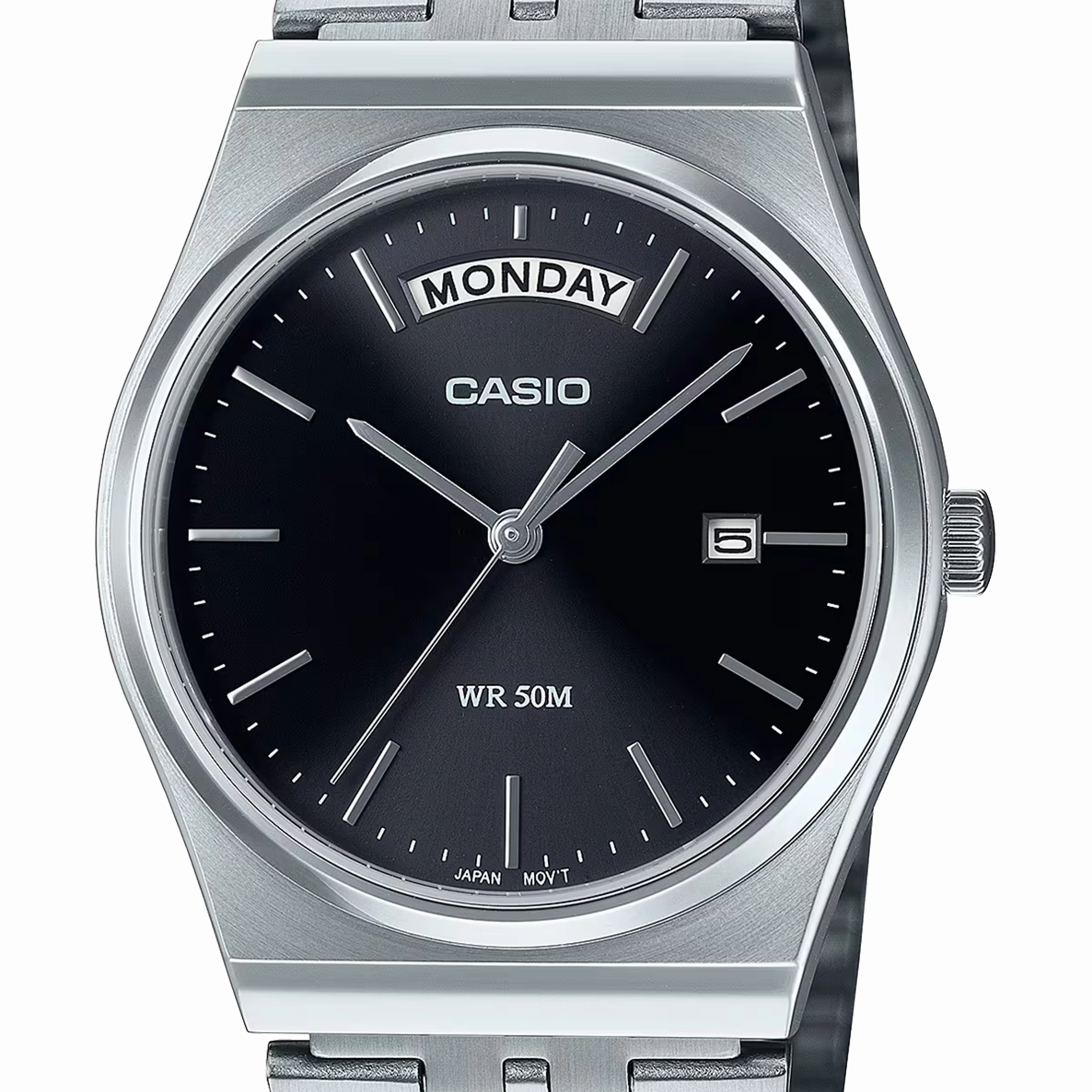 Casio Analogue Day Date Retro Black Face. Stainless MTPB146D-1A
