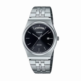 Casio Analogue Day Date Retro Black Face. Stainless MTPB146D-1A