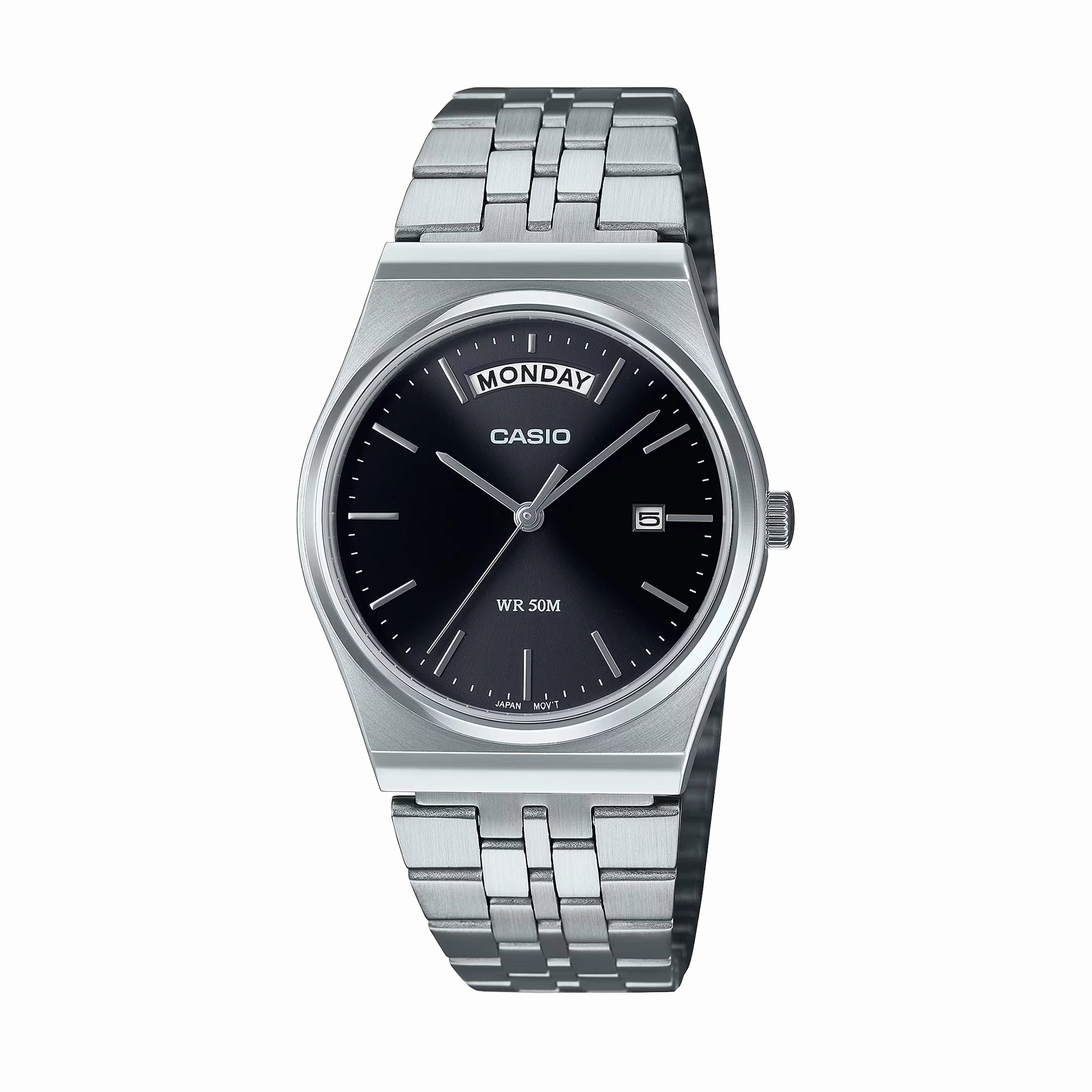 Casio Analogue Day Date Retro Black Face. Stainless MTPB146D-1A