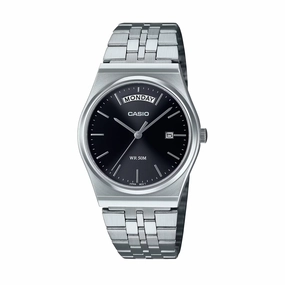 Casio Analogue Day Date Retro Black Face. Stainless MTPB146D-1A