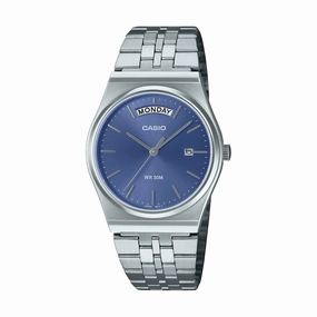 Casio Analogue Day Date Retro Blue Face. Stainless MTPB146D-2A