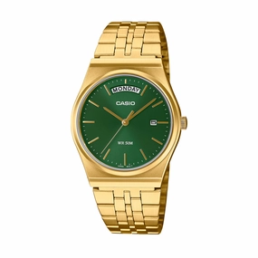 Casio Analogue Day Date Retro Green Face. Gold Tone MTPB146G-3A