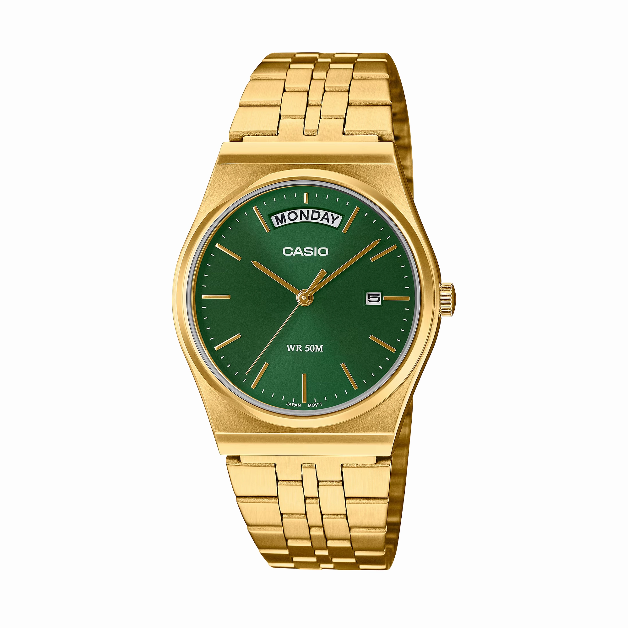 Casio Analogue Day Date Retro Green Face. Gold Tone MTPB146G-3A