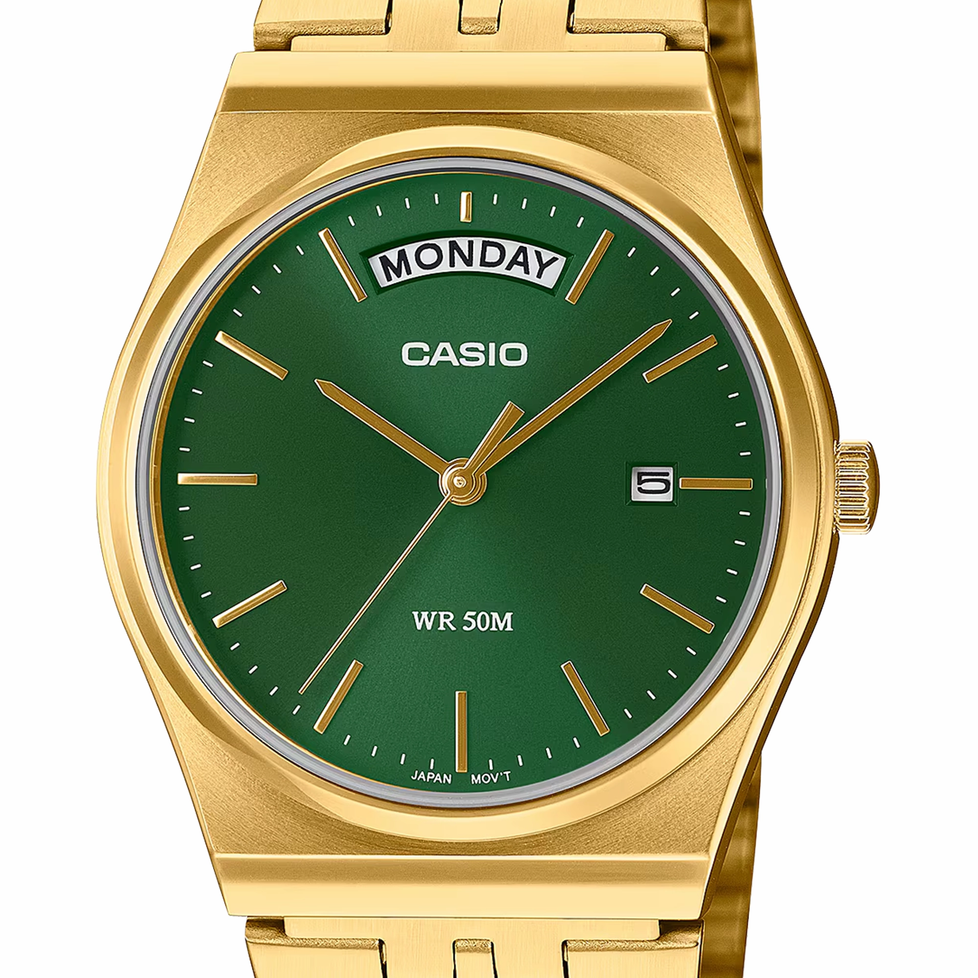 Casio Analogue Day Date Retro Green Face. Gold Tone MTPB146G-3A