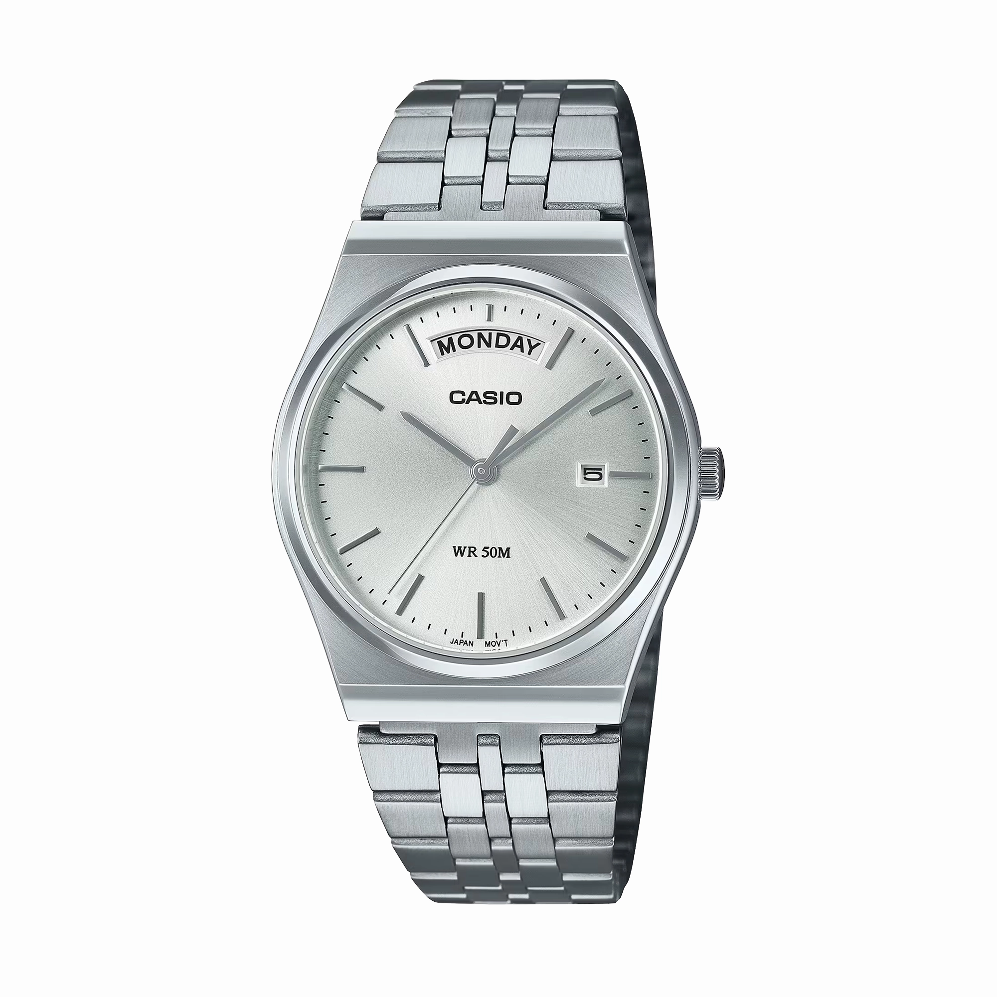 Casio Analogue Day Date Retro White Face. Stainless MTPB146D-7A