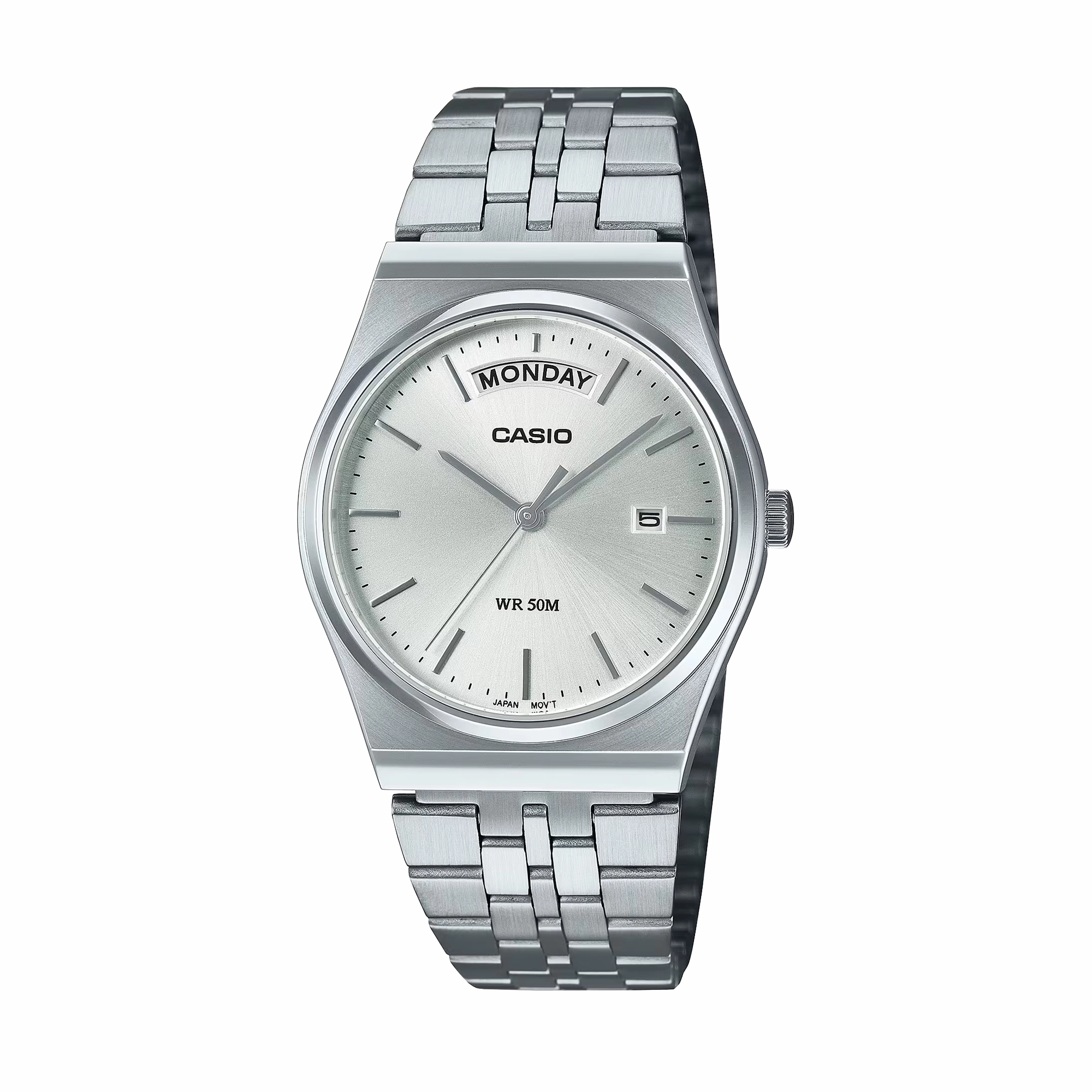 Casio Analogue Day Date Retro White Face. Stainless MTPB146D-7A