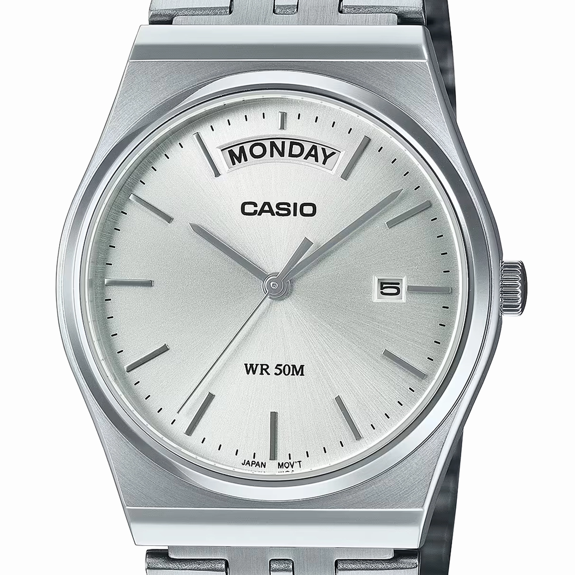 Casio Analogue Day Date Retro White Face. Stainless MTPB146D-7A