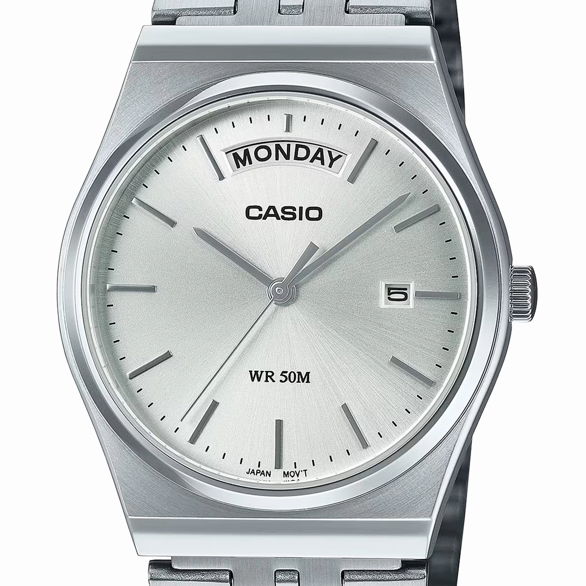 Casio Analogue Day Date Retro White Face. Stainless MTPB146D-7A