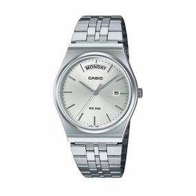 Casio Analogue Day Date Retro White Face. Stainless MTPB146D-7A
