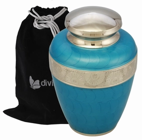 Classic Avalon Cremation Urn with Silver Sunflower Bands (Sky Blue)