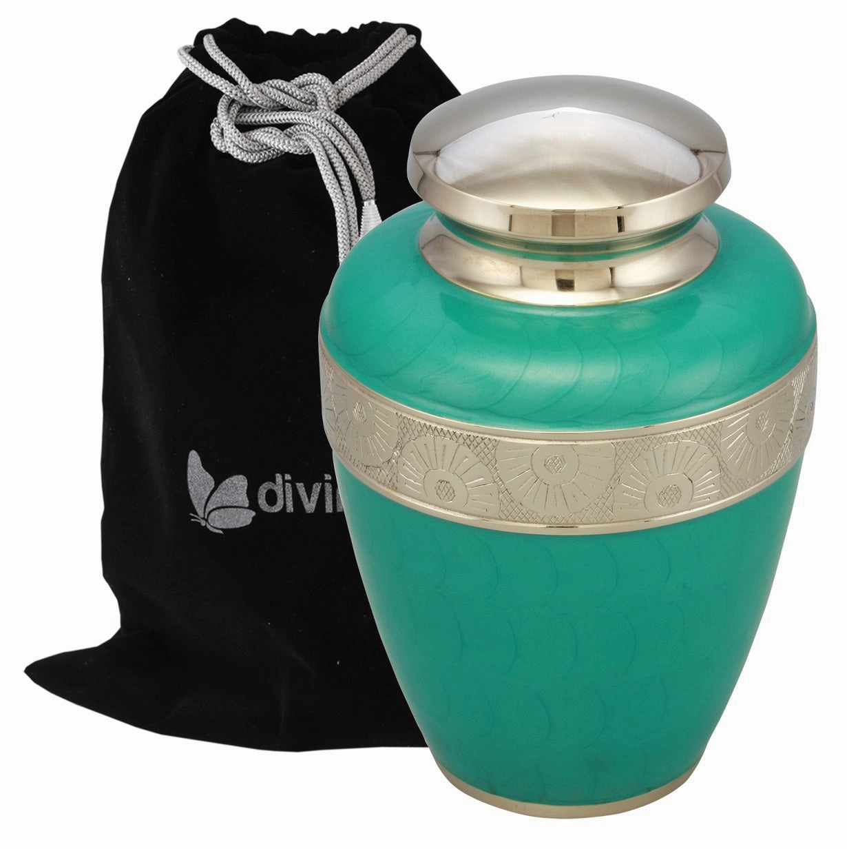Classic Avalon Cremation Urn with Silver Sunflower Bands (Teal)