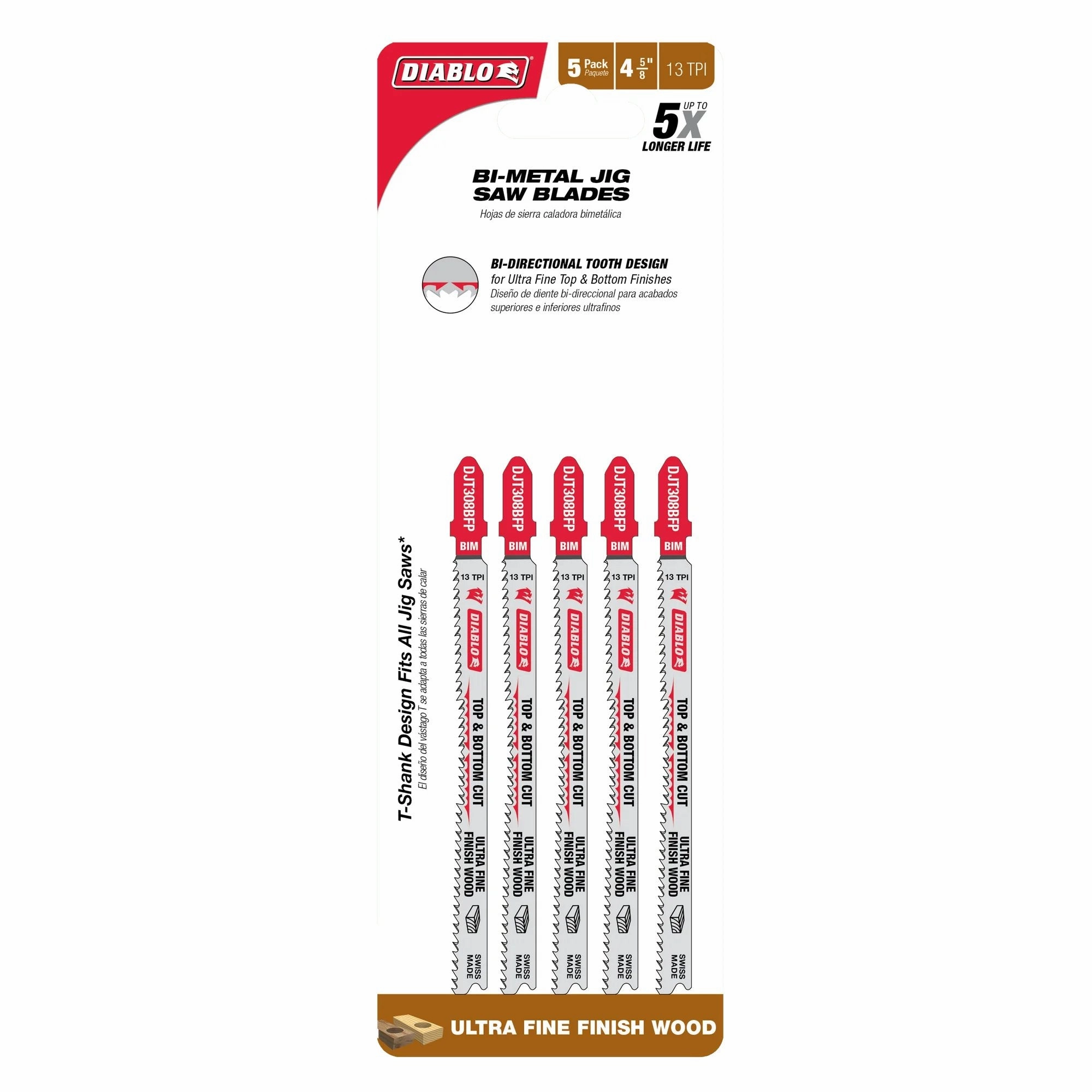 Diablo DJT308BFP5- 4-5/8 in. 13 TPI Bi-Metal T-Shank Jig Saw Blades for Ultra Fine Finish Cuts in Wood- 5 Pack