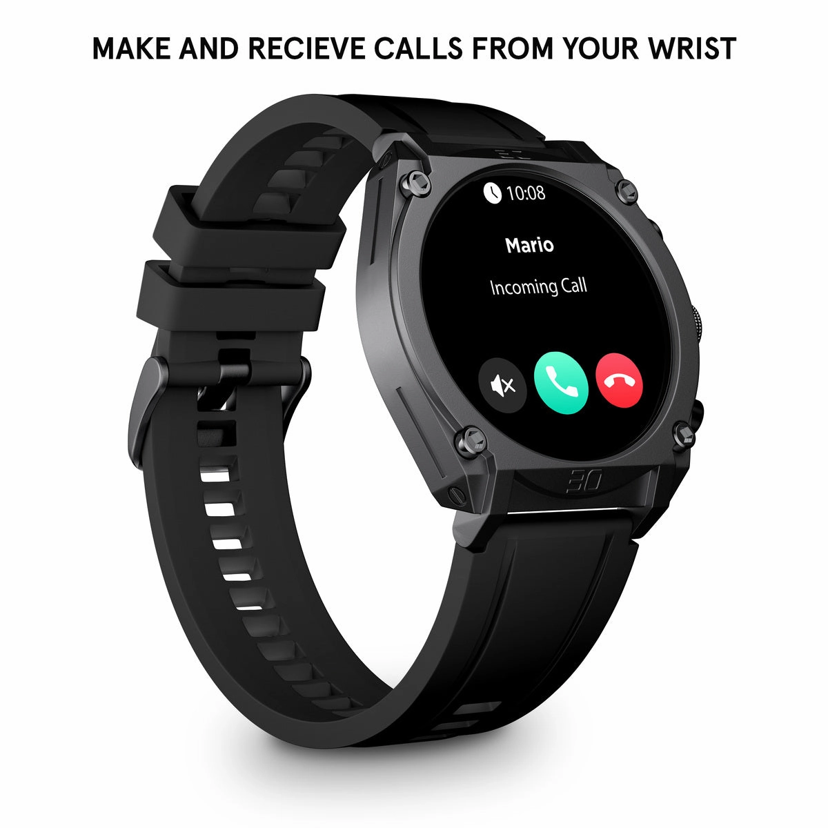 Gunmetal Case & LED Screen Smart Watch With Rubber Strap - Black