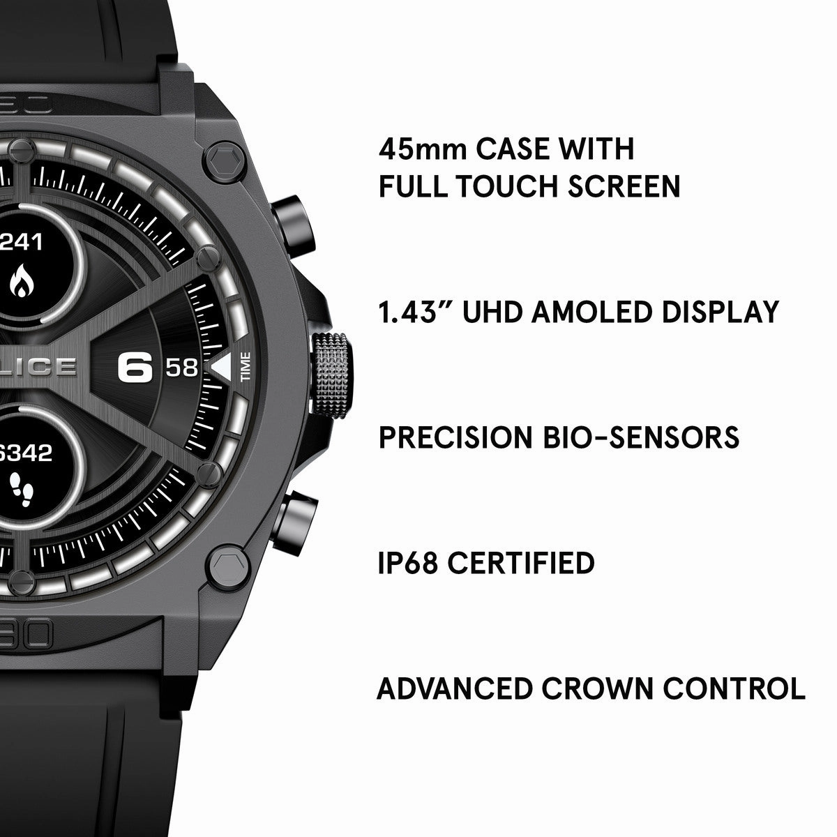 Gunmetal Case & LED Screen Smart Watch With Rubber Strap - Black