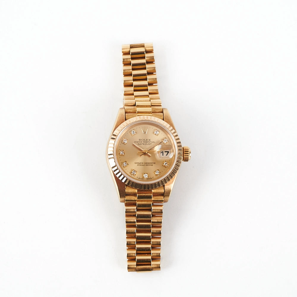 HOLD Rolex Lady Datejust 18k Gold Dial 26mm with Diamonds President Strap