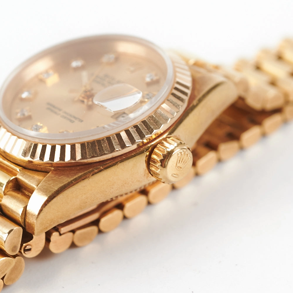 HOLD Rolex Lady Datejust 18k Gold Dial 26mm with Diamonds President Strap