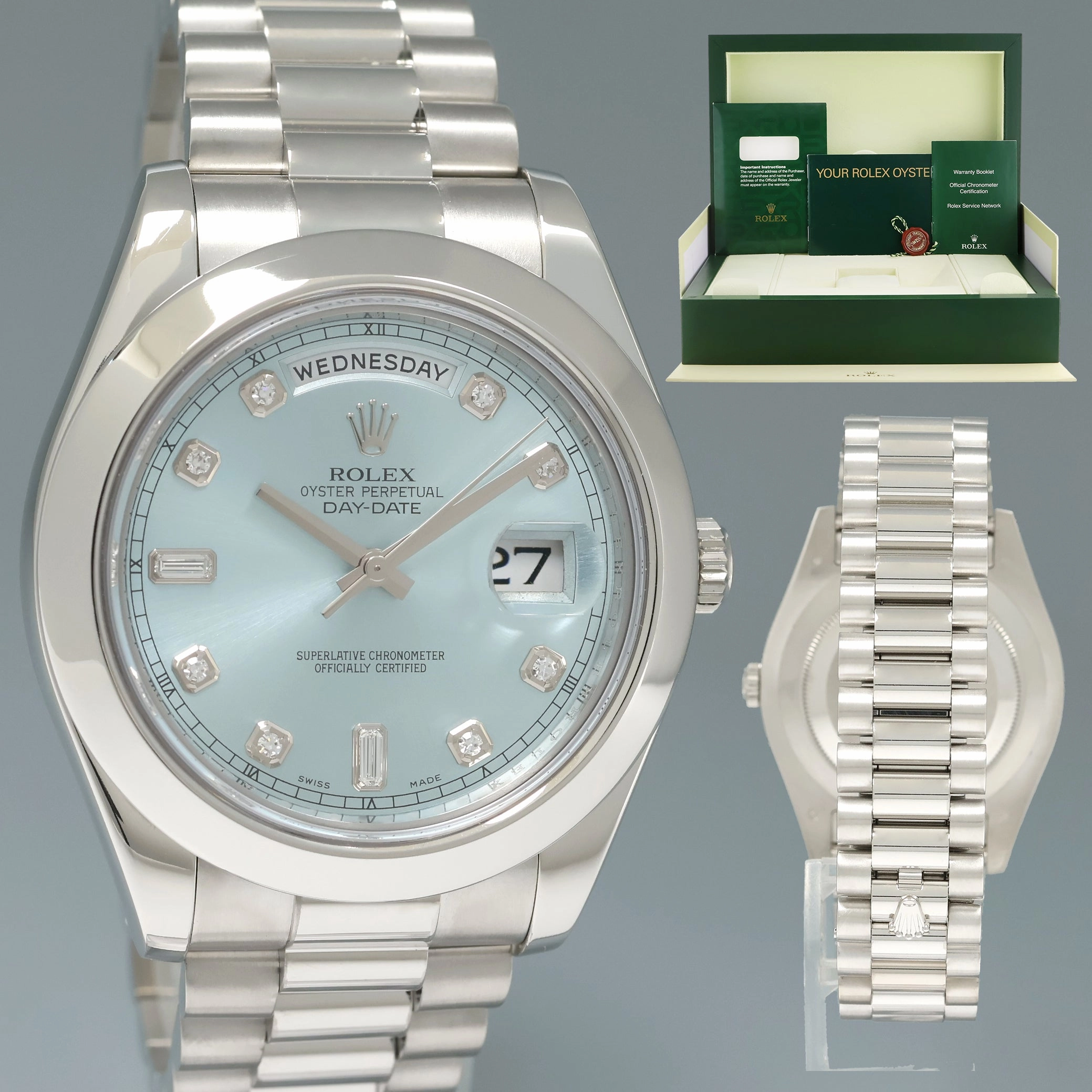 MINT Rolex Day-Date 41mm Glacier Blue Diamond Platinum President 218206 Watch Box