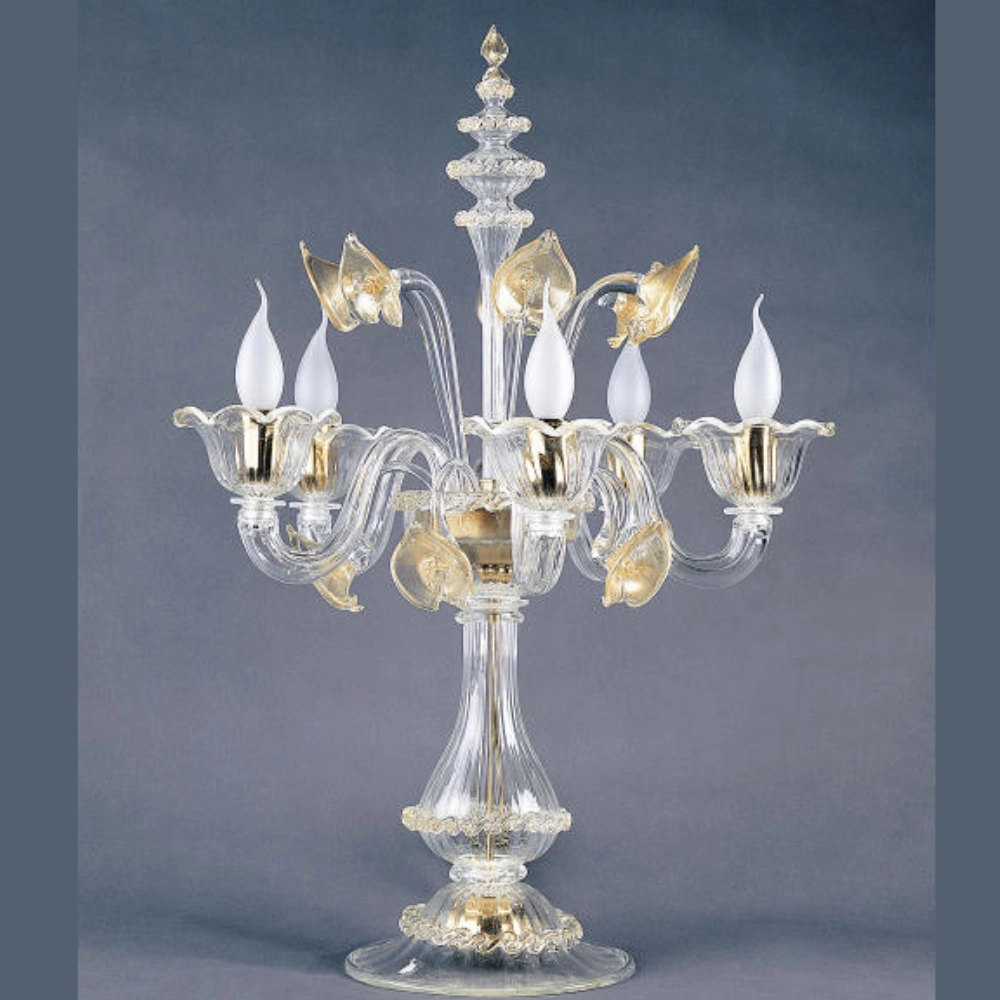 Murano Glass Flambeau Table Light With Gold Flowers