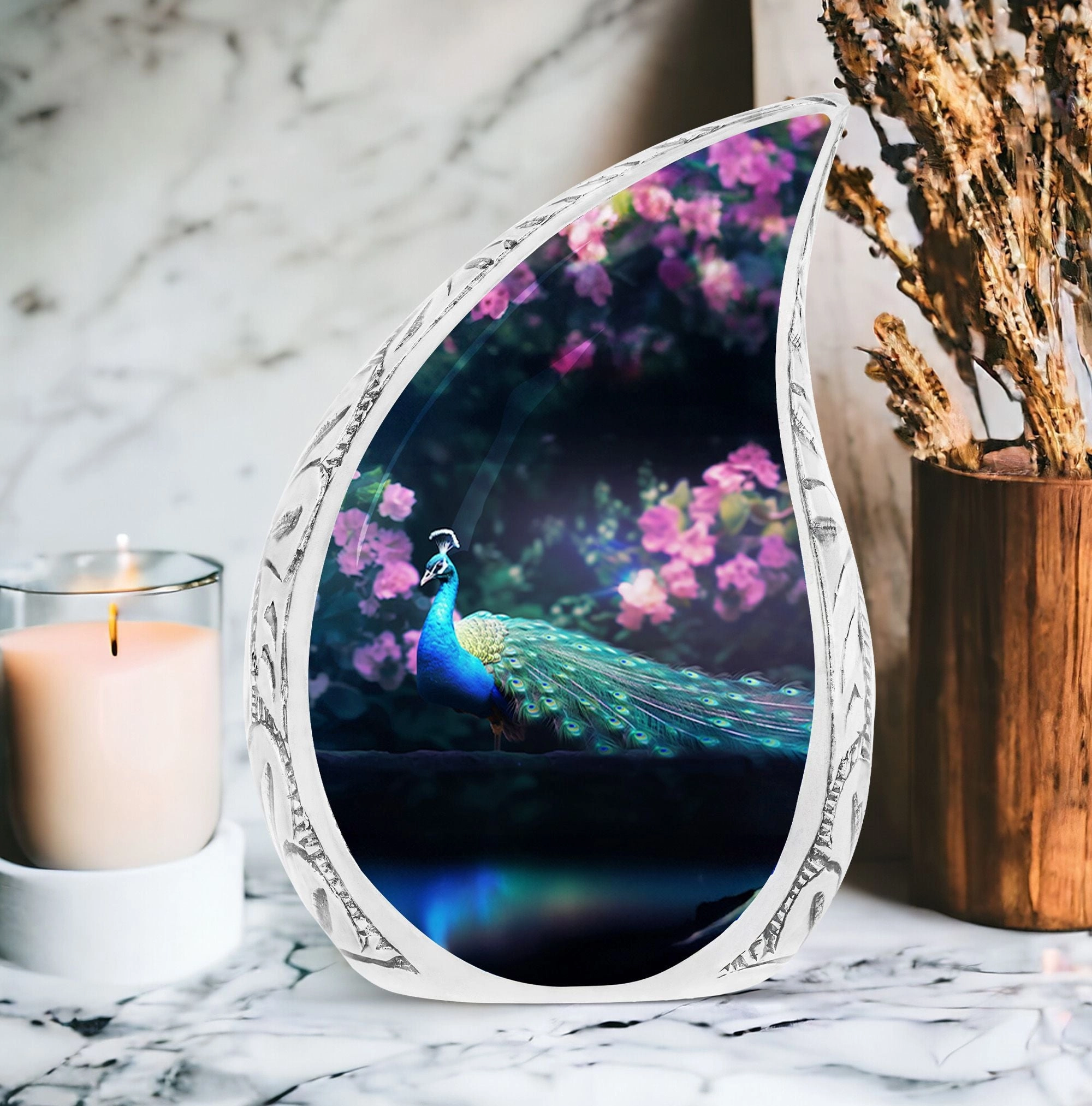 Peacock Rendezvous: Distinctive Memorial Urn for Cremation Ashes