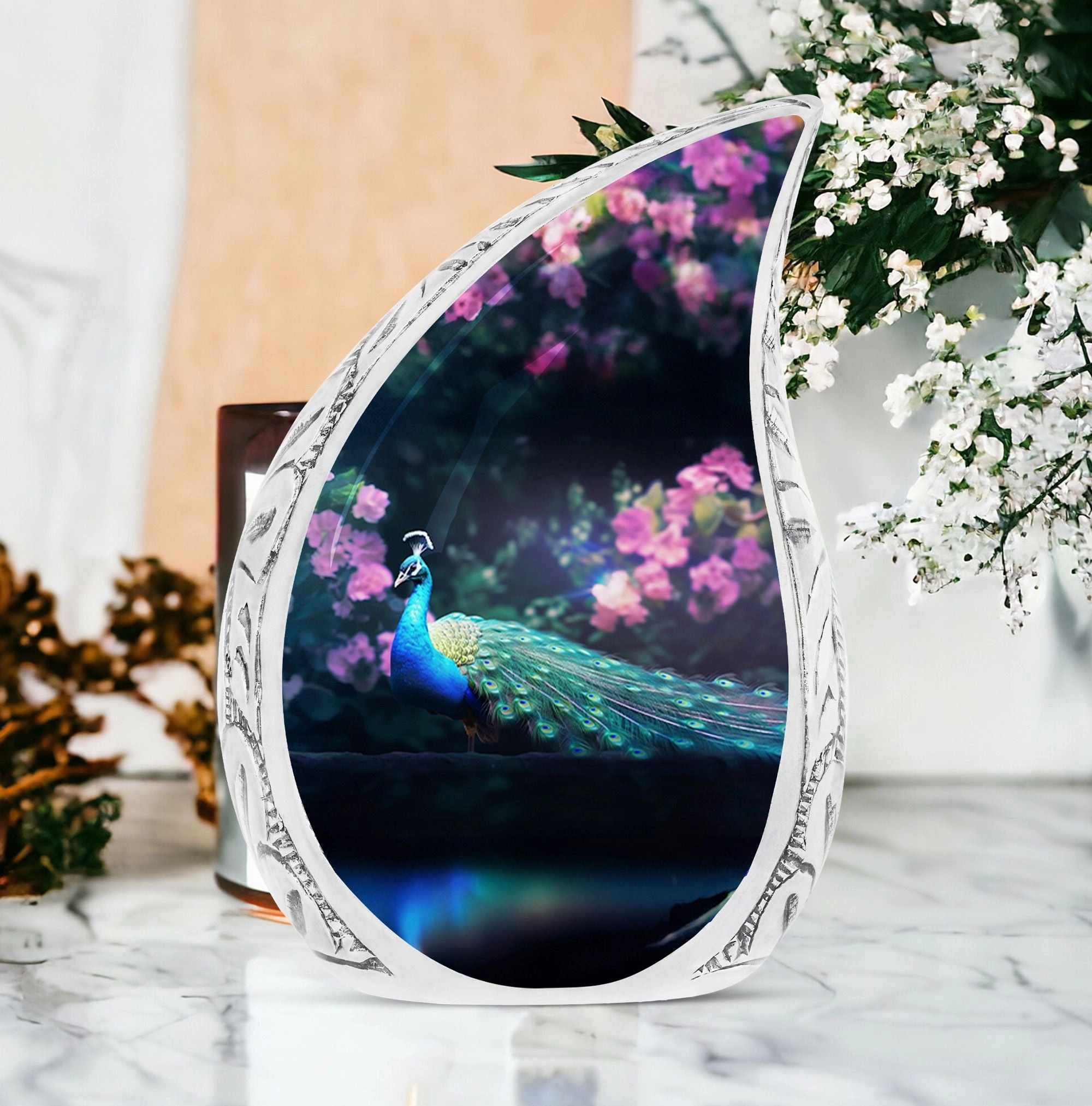 Peacock Rendezvous: Distinctive Memorial Urn for Cremation Ashes