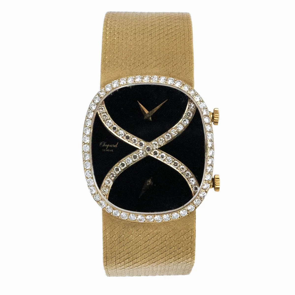 Rare Yellow Gold Onyx Dual Time Factory Diamond Setting 1970