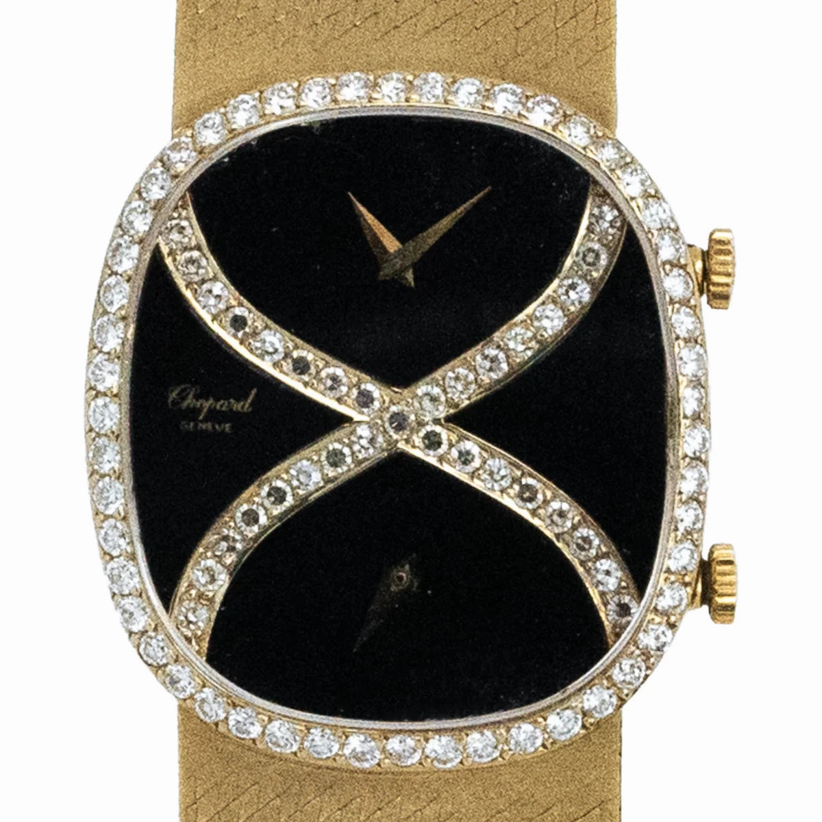 Rare Yellow Gold Onyx Dual Time Factory Diamond Setting 1970