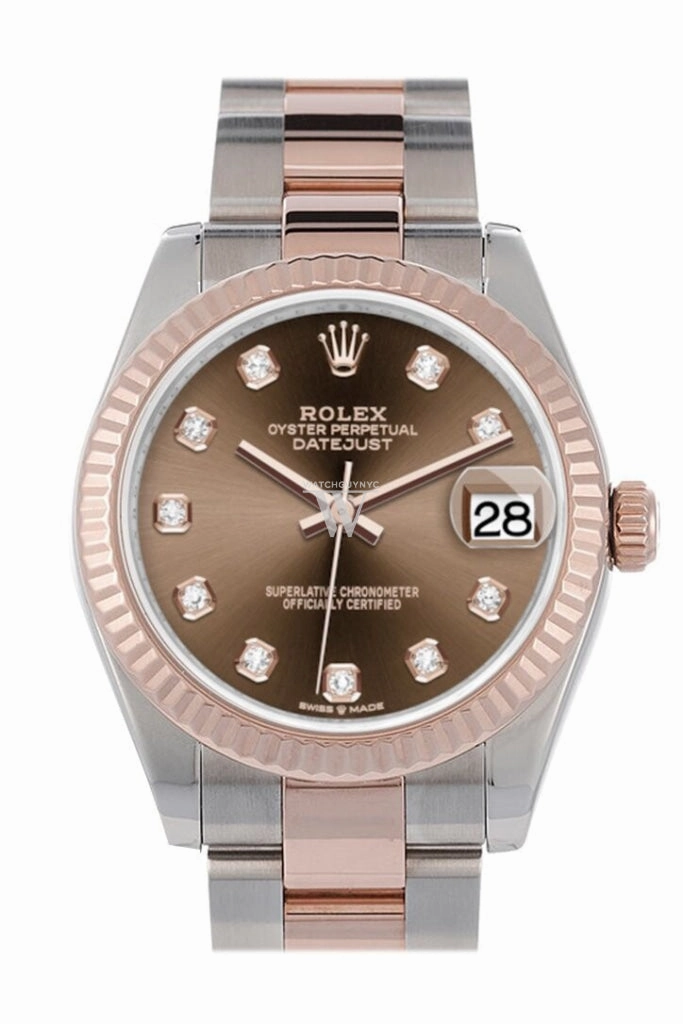 Rolex Datejust 31 Chocolate Diamond Dial Fluted Bezel 18K Everose Gold Two Tone Watch 278271
