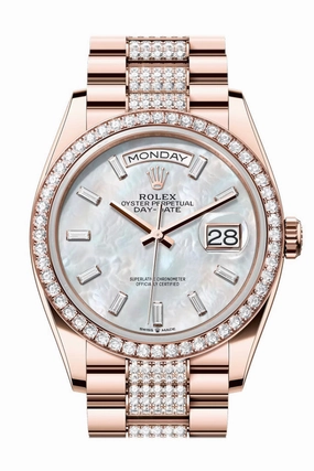 Rolex Day Date 36 White MOP Diamond Dial Diamond Bezel Rose Gold President Diamond Bracelet 128345
