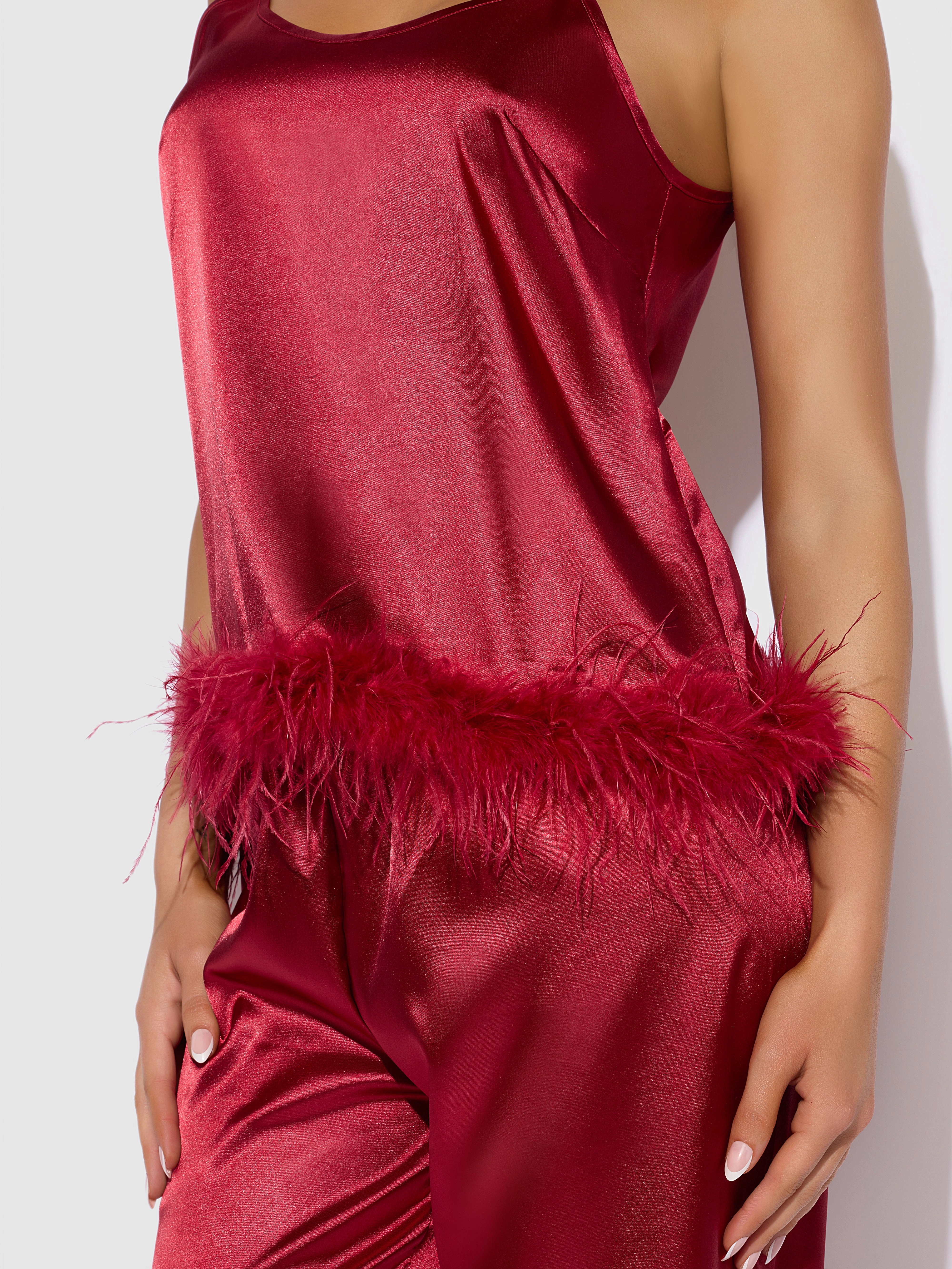 Scarlett Satin Sleep Cami & Long Pant With Feather Trim