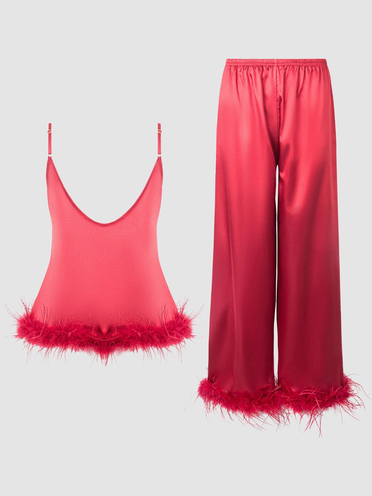 Scarlett Satin Sleep Cami & Long Pant With Feather Trim