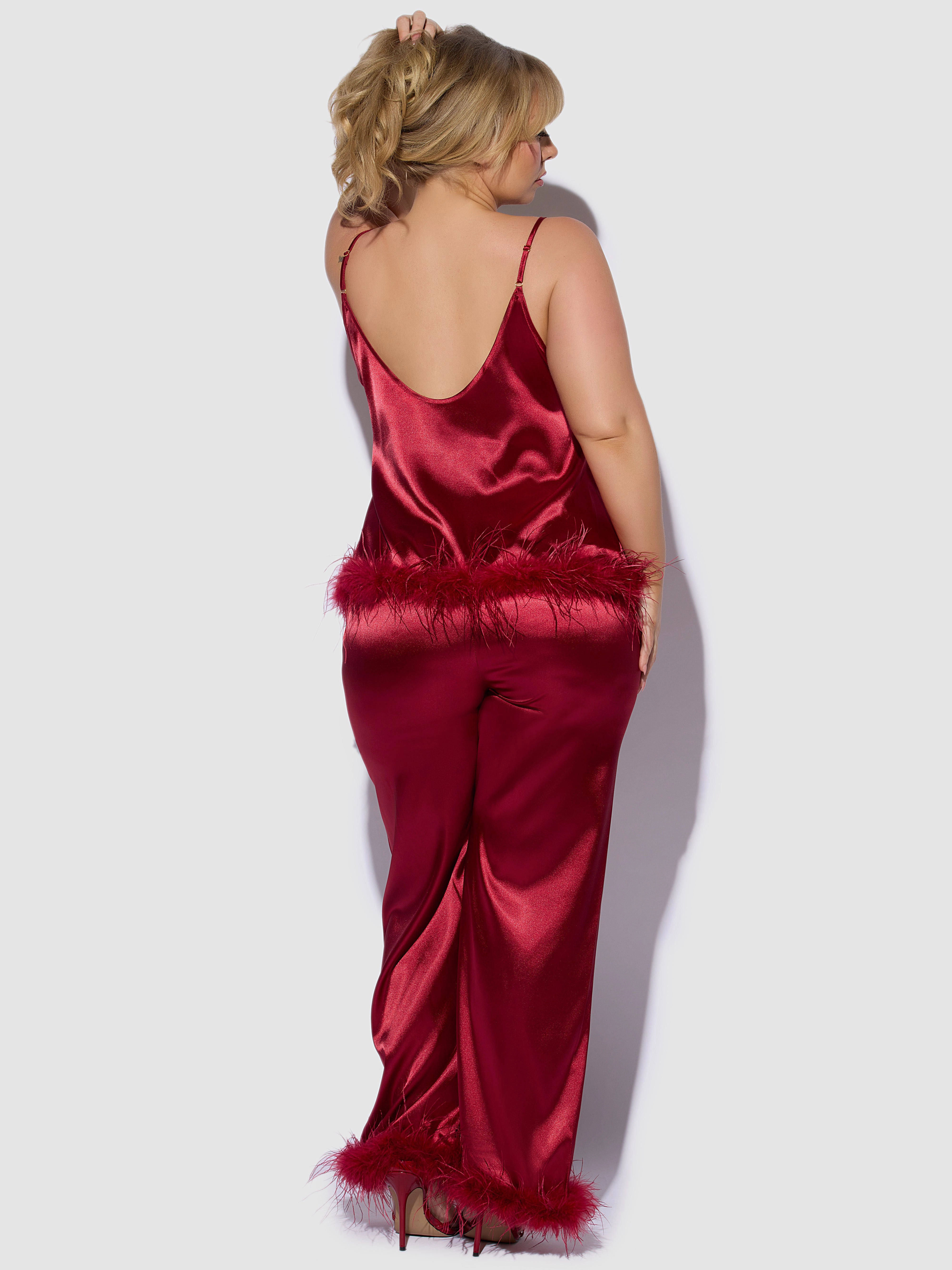 Scarlett Satin Sleep Cami & Long Pant With Feather Trim