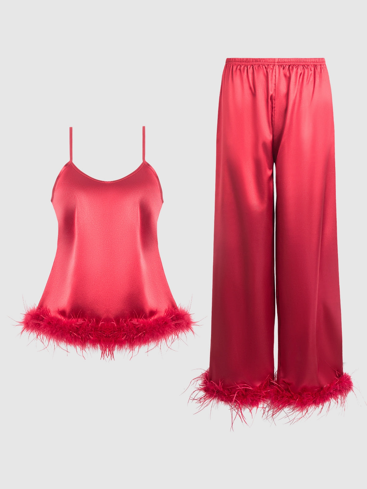 Scarlett Satin Sleep Cami & Long Pant With Feather Trim