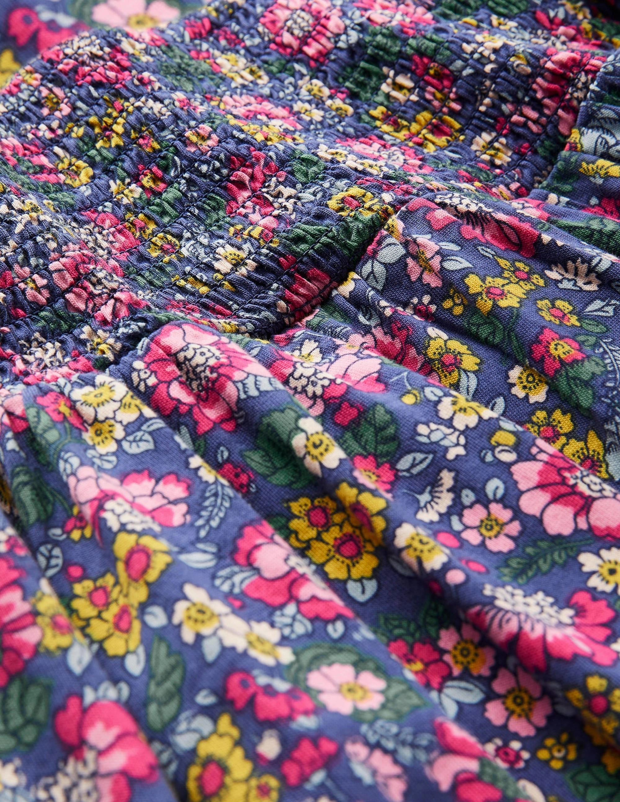 Smocked Bodice Trapeze Dress-Starboard Blue Vintage Floral