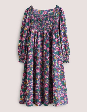 Smocked Bodice Trapeze Dress-Starboard Blue Vintage Floral