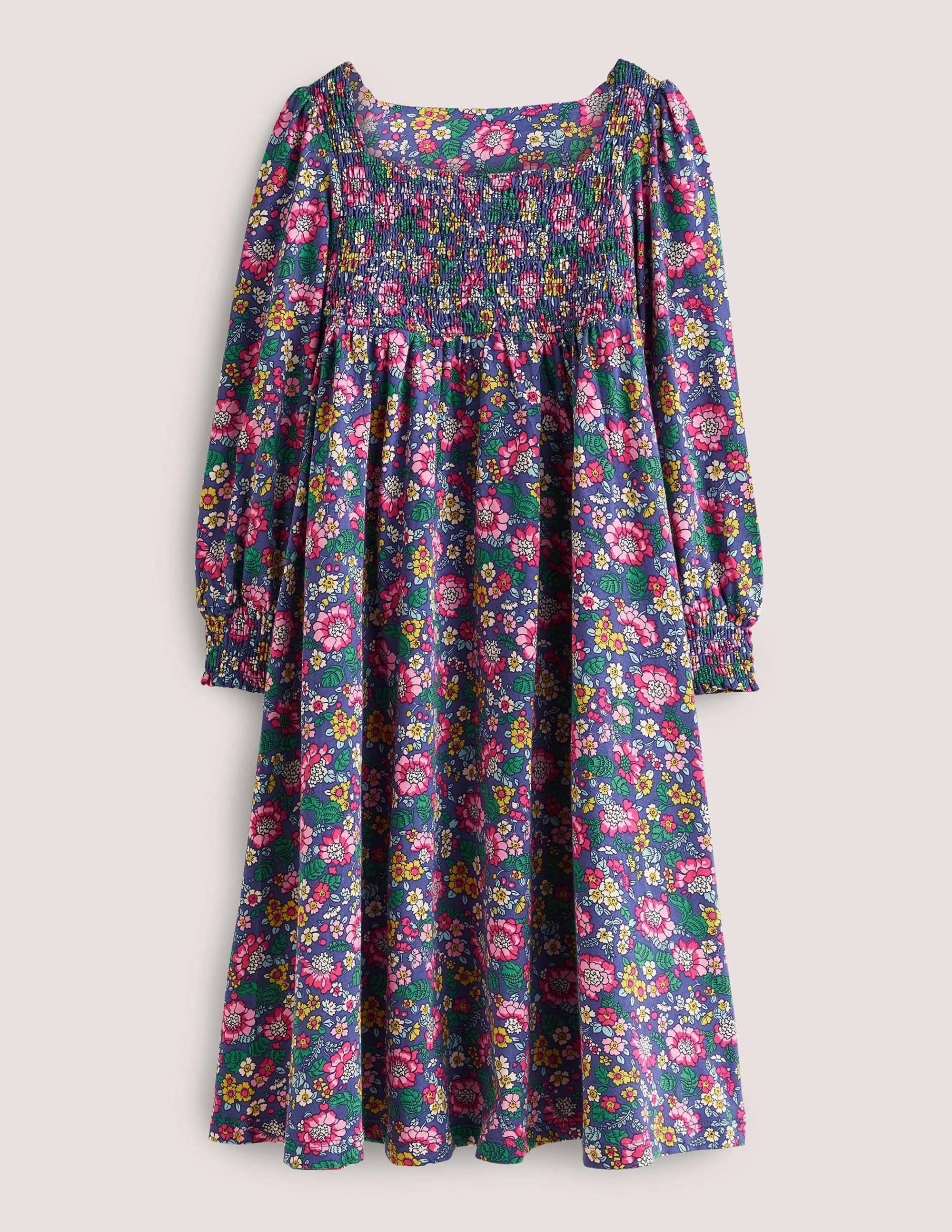 Smocked Bodice Trapeze Dress-Starboard Blue Vintage Floral