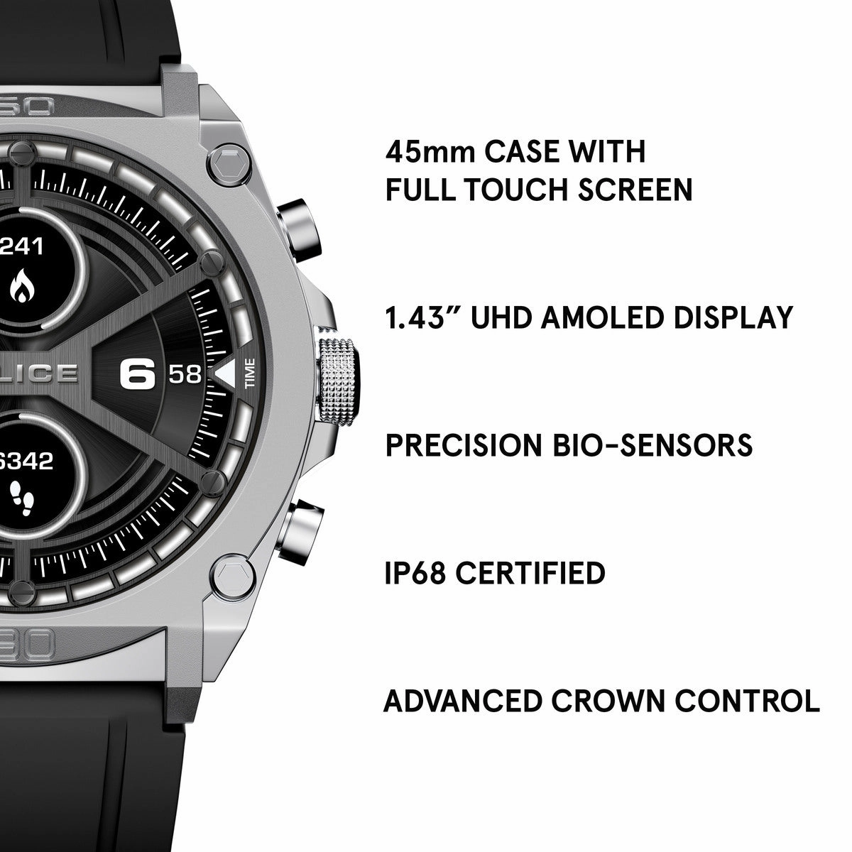 Stainless Steel Case & LED Screen Smart Watch With Rubber Strap - Black