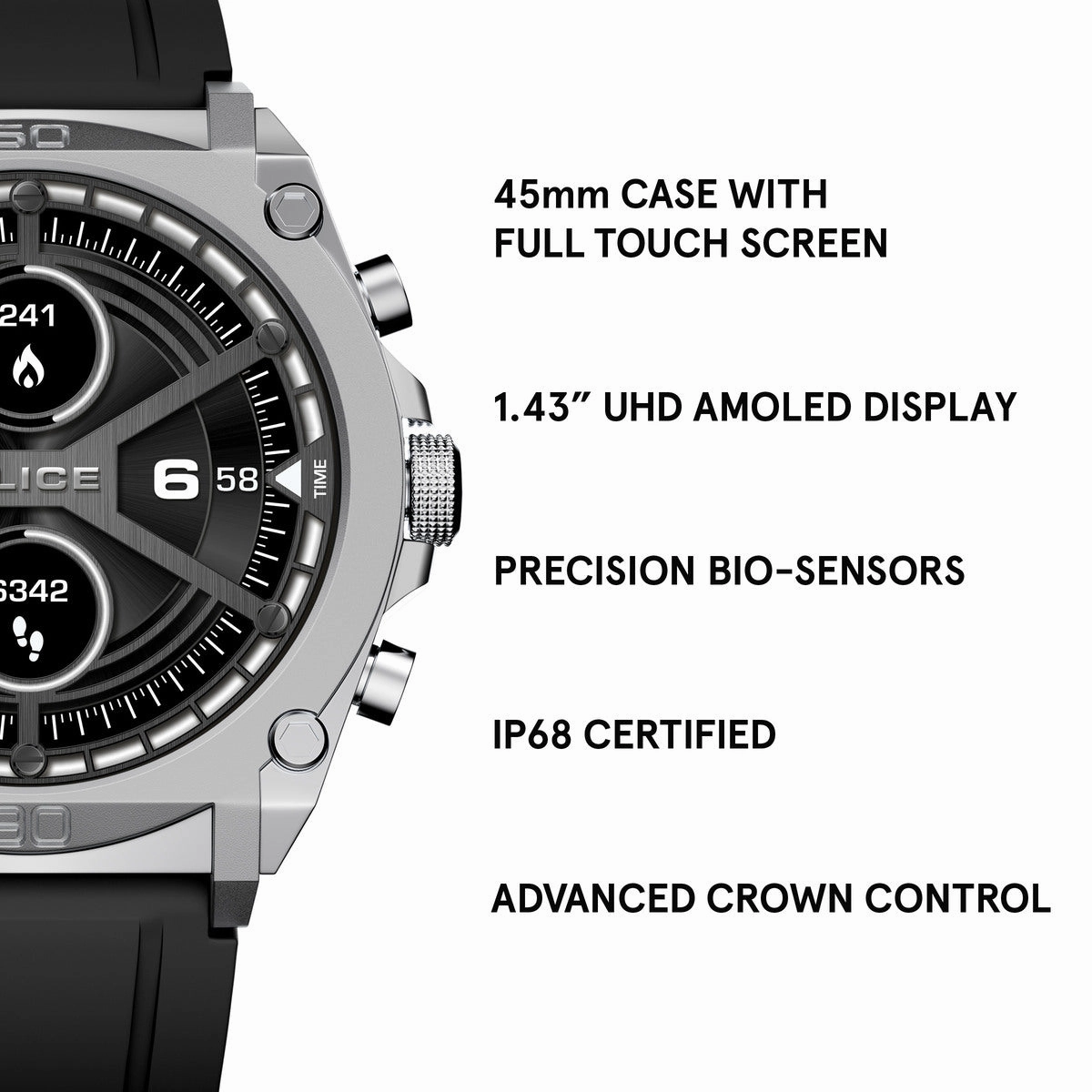 Stainless Steel Case & LED Screen Smart Watch With Rubber Strap - Black