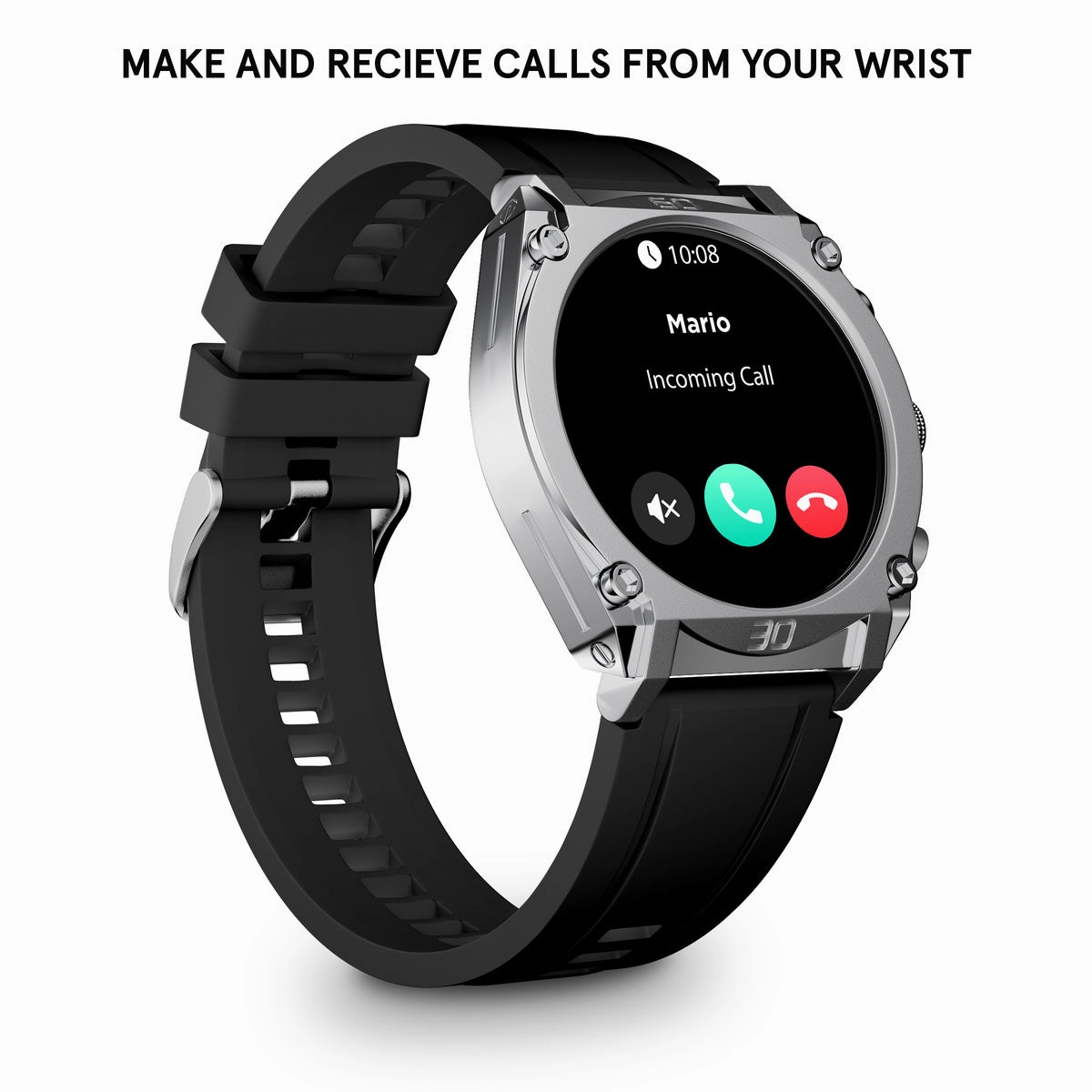 Stainless Steel Case & LED Screen Smart Watch With Rubber Strap - Black