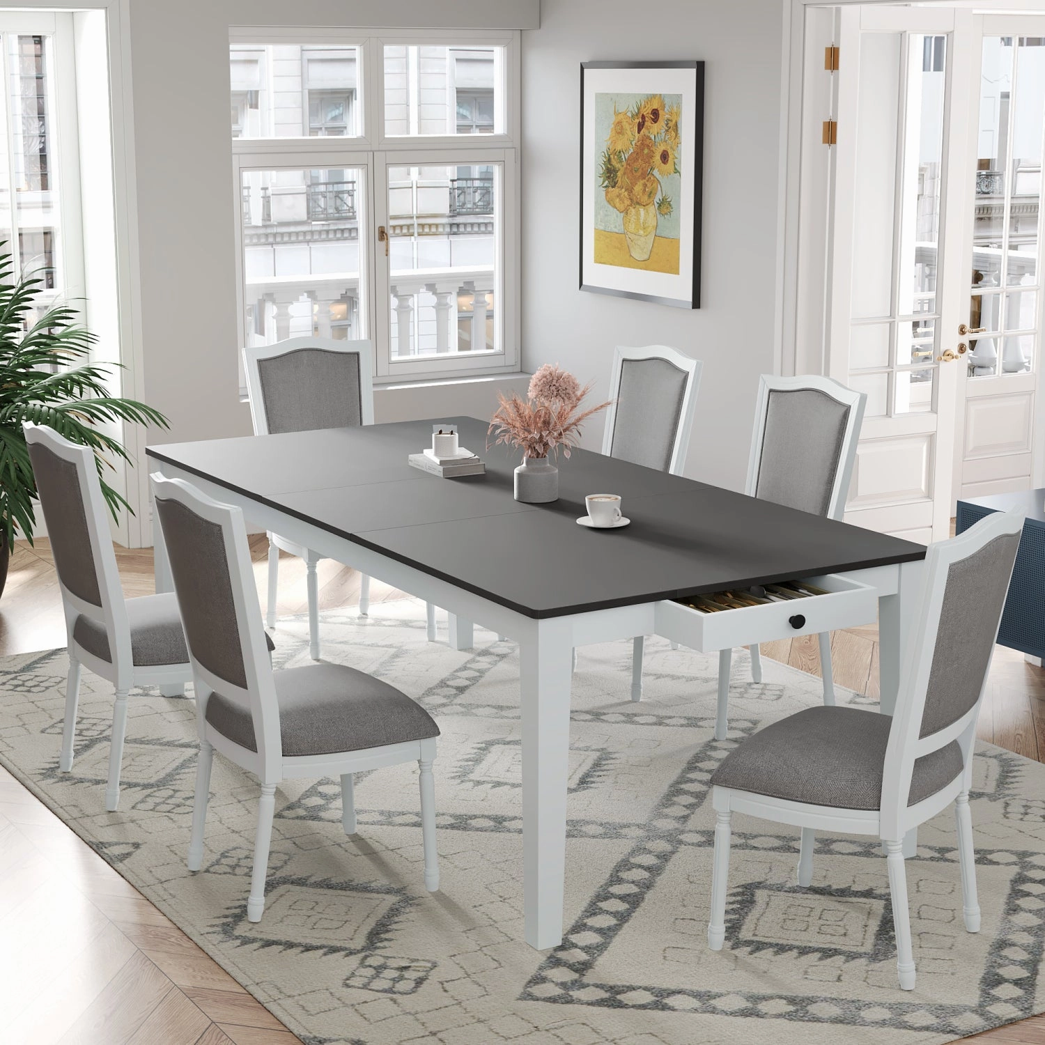 Streamdale Rustic Extendable Dining Set: 78" Table, 6 Chairs, Drawers
