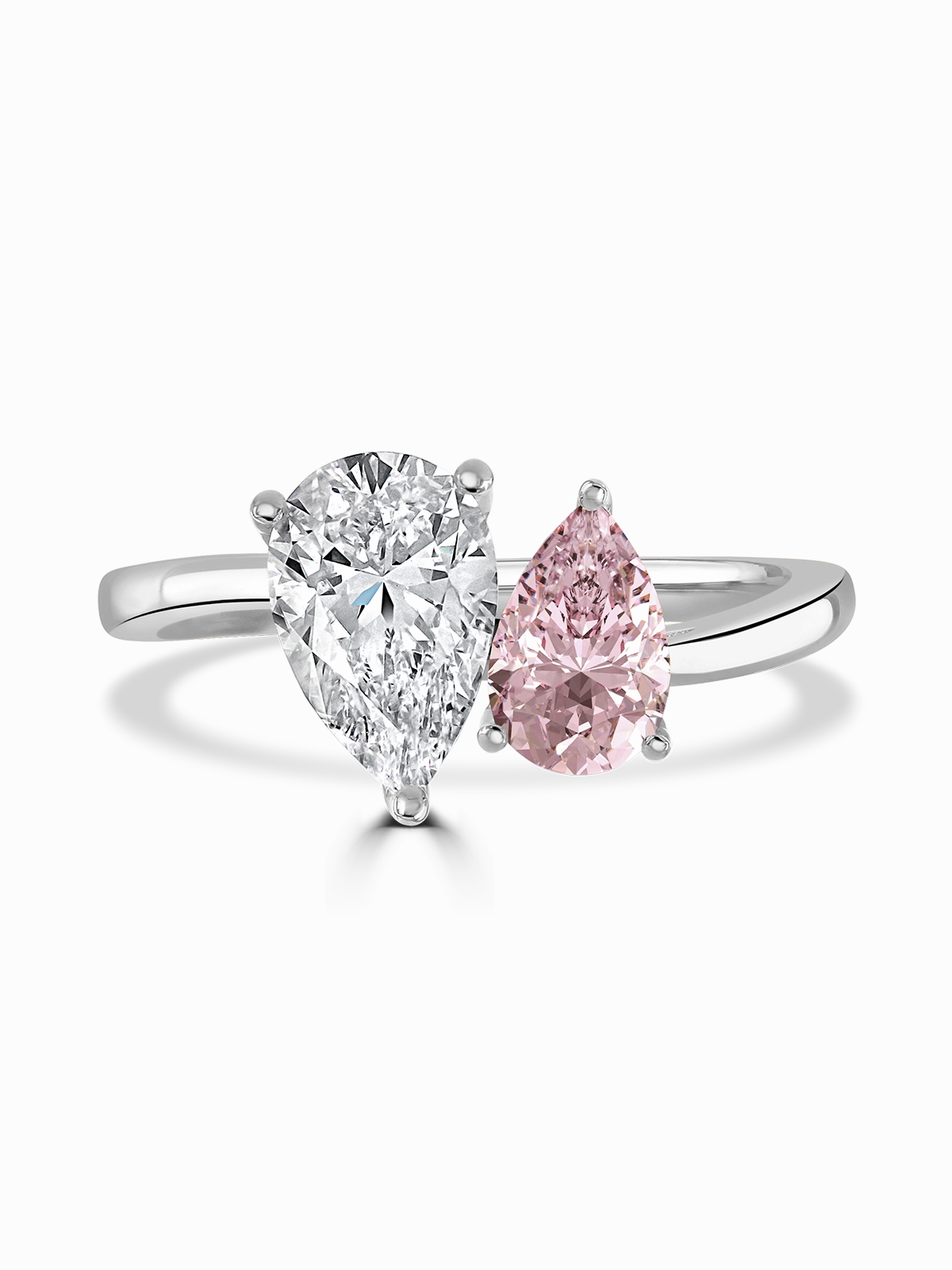 Toi et Moi Lab Grown Pink & White Diamond Two Stone Ring Pear Cut in Platinum