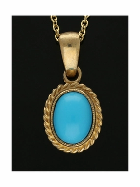Turquoise Oval Rope Edge Pendant Necklace in 9ct Yellow Gold