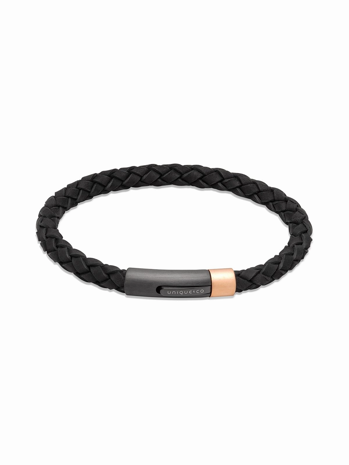 Unique & Co. 21cm Black Leather Bracelet with Black and Rose Gold Clasp
