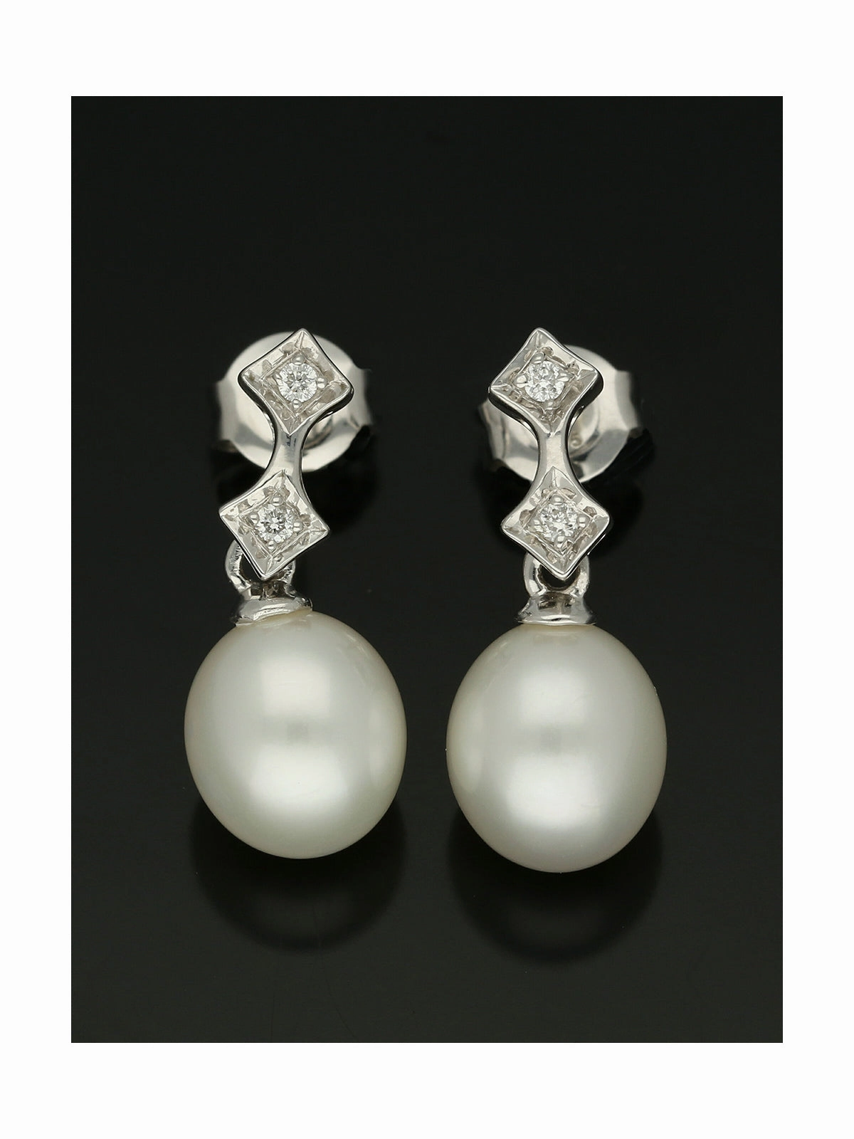White Cultured Pearl & Diamond Drop Earrings in 9ct White Gold