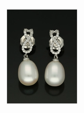 White Cultured Pearl & Diamond Drop Earrings in 9ct White Gold