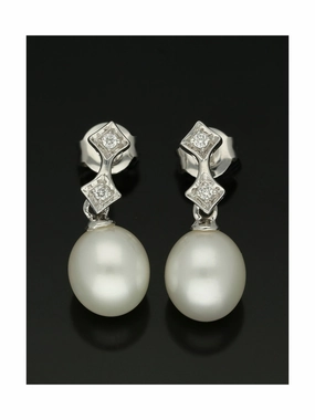 White Cultured Pearl & Diamond Drop Earrings in 9ct White Gold