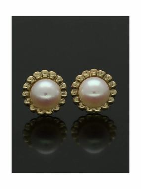 White Cultured Pearl Beaded Stud Earrings in 9ct Yellow Gold