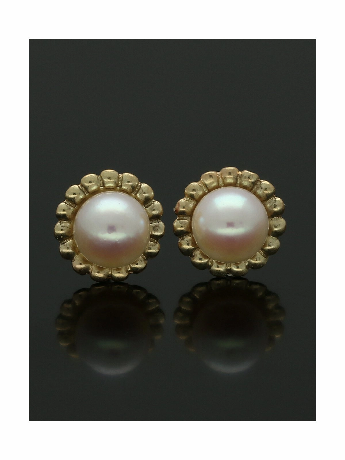 White Cultured Pearl Beaded Stud Earrings in 9ct Yellow Gold
