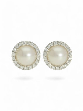 White Freshwater Pearl and Diamond Earrings in 18ct White Gold